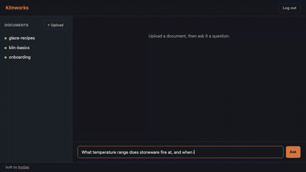 Screen recording of the Kilnworks chat UI answering a question with citations drawn from ingested documents